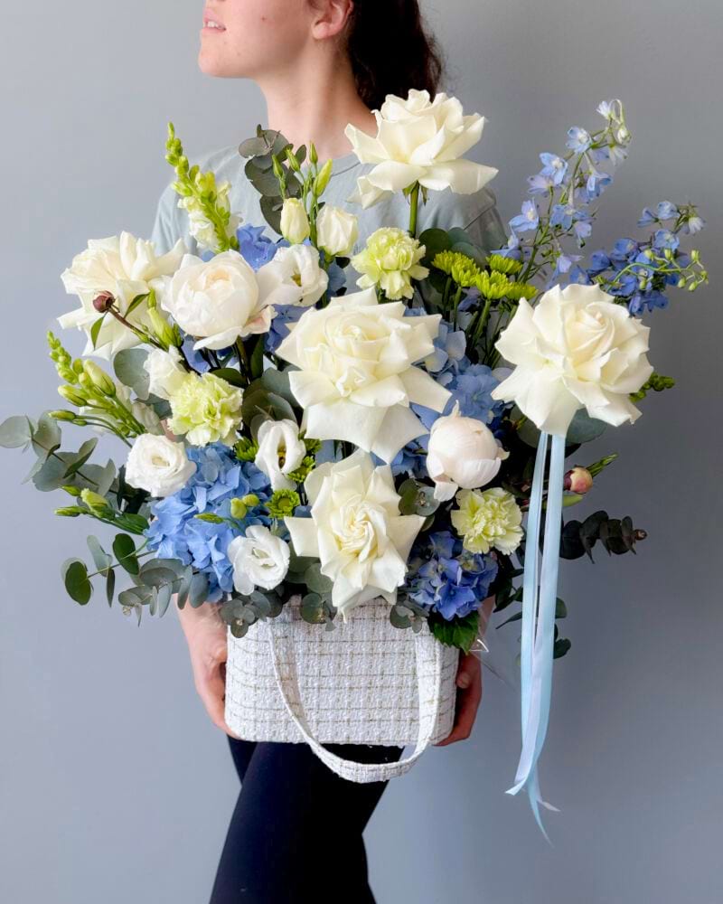 Coco Flower Basket Blue And White With Hydrangea