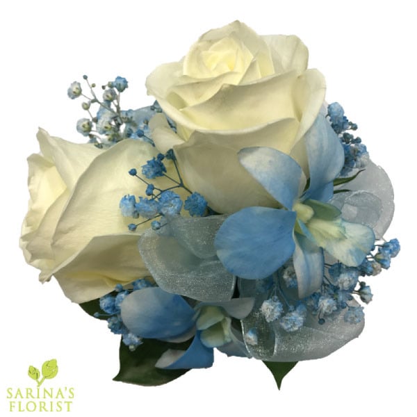 Buy Wrist corsage - white roses with baby blue orchids Flowers from ... White And Baby Blue Corsage